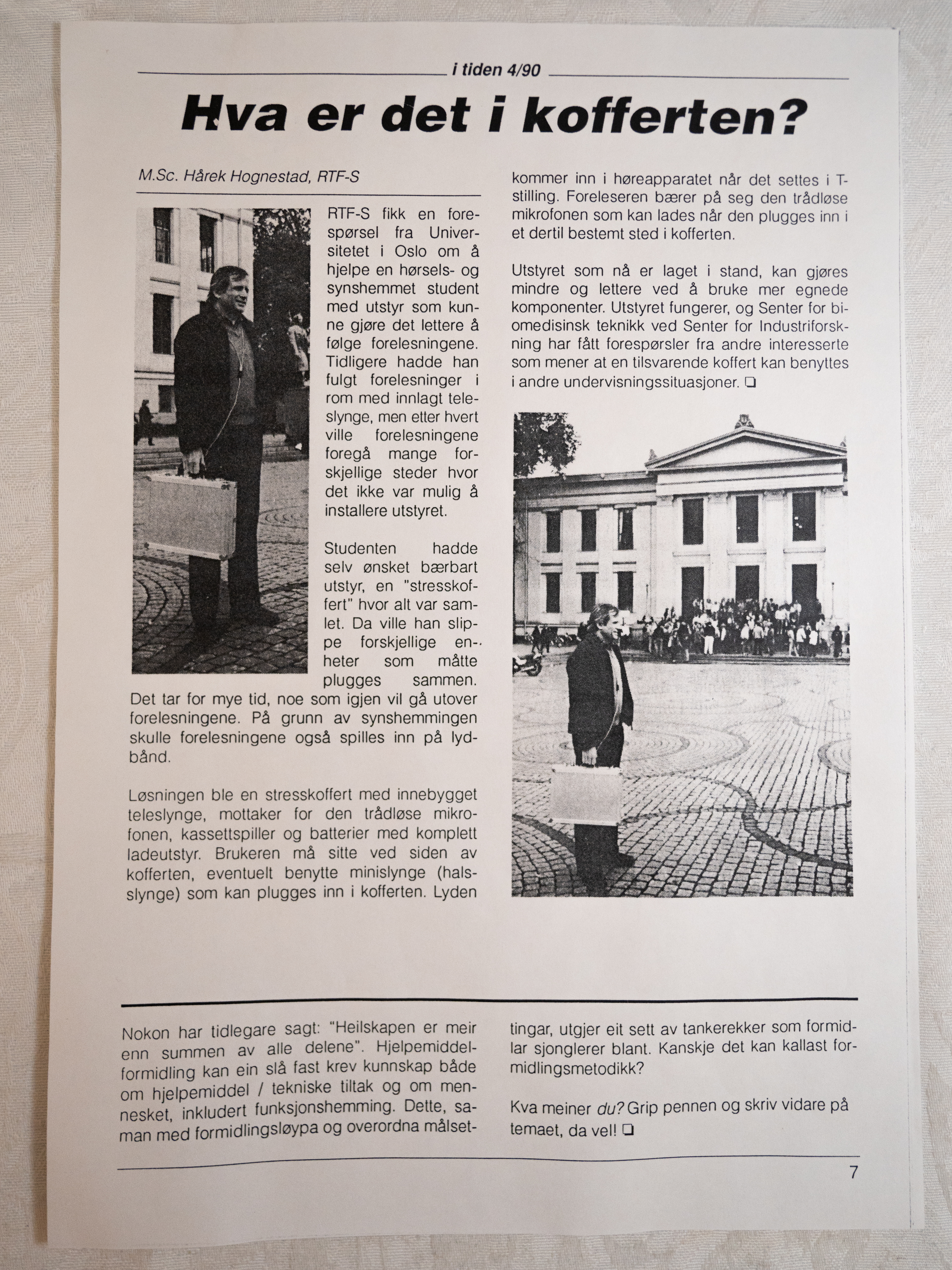 Bilde av en nyhetsartikkel på papir med tekst og to svart-hvitt bilder.