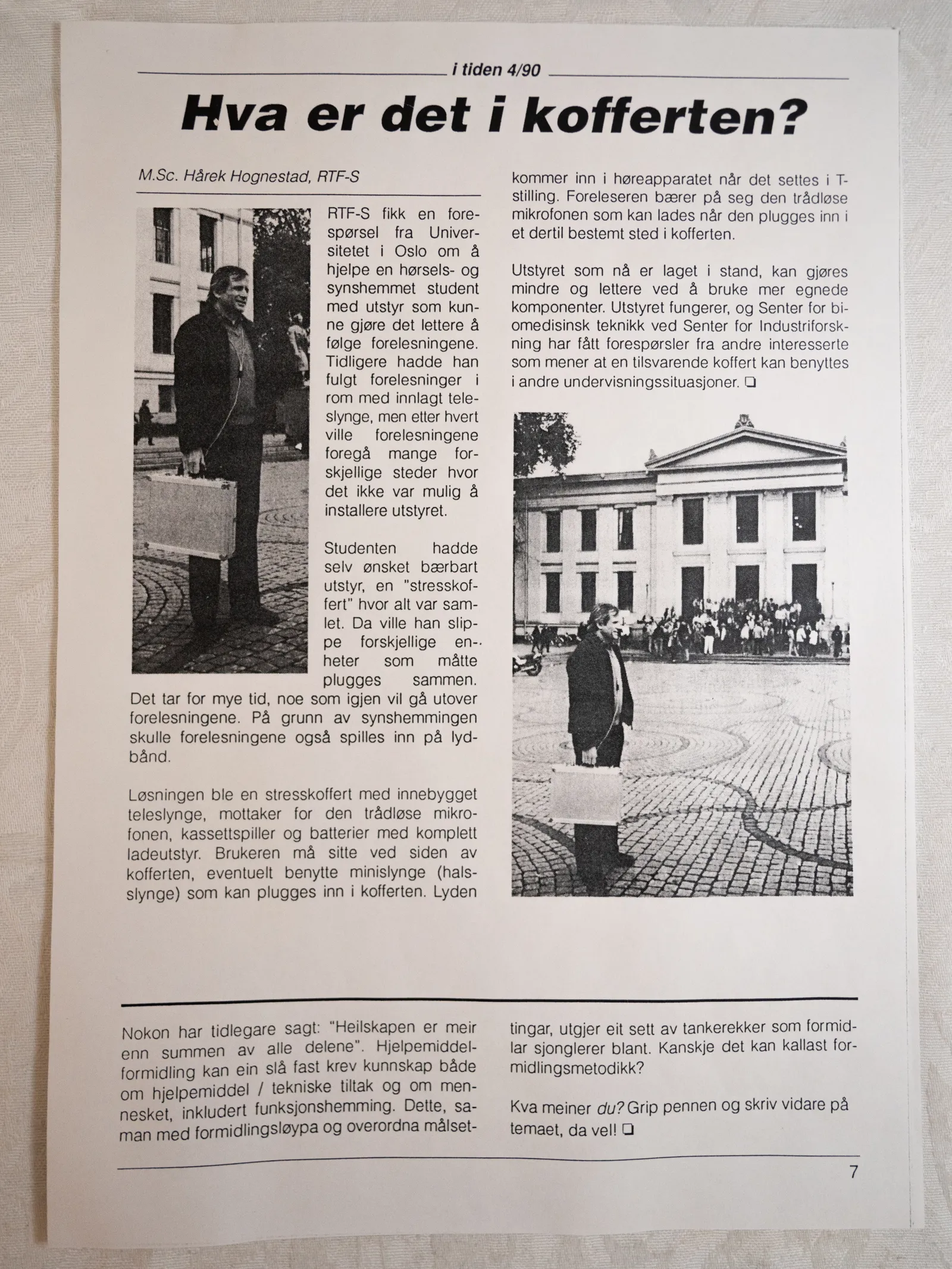 Bilde av en nyhetsartikkel på papir med tekst og to svart-hvitt bilder.