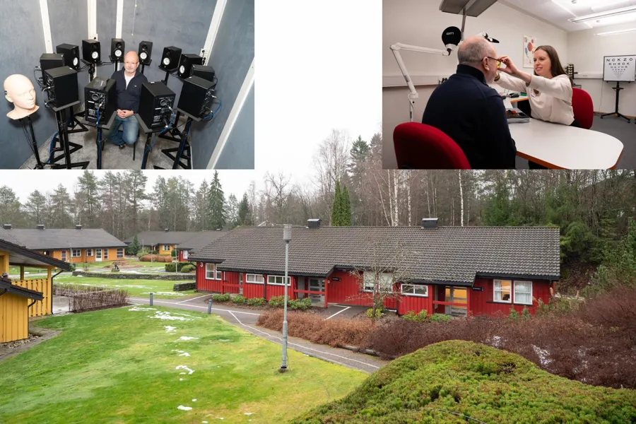 En collage av tre bilder der hovedbildet viser gule og røde bygninger. Bilde oppe til venstre viser en mann sittende med høyttalere rundt seg i en sirkel. Bilde oppe til venstre viser en kvinne i hvit topp setter på briller på en mann med svart trøye.