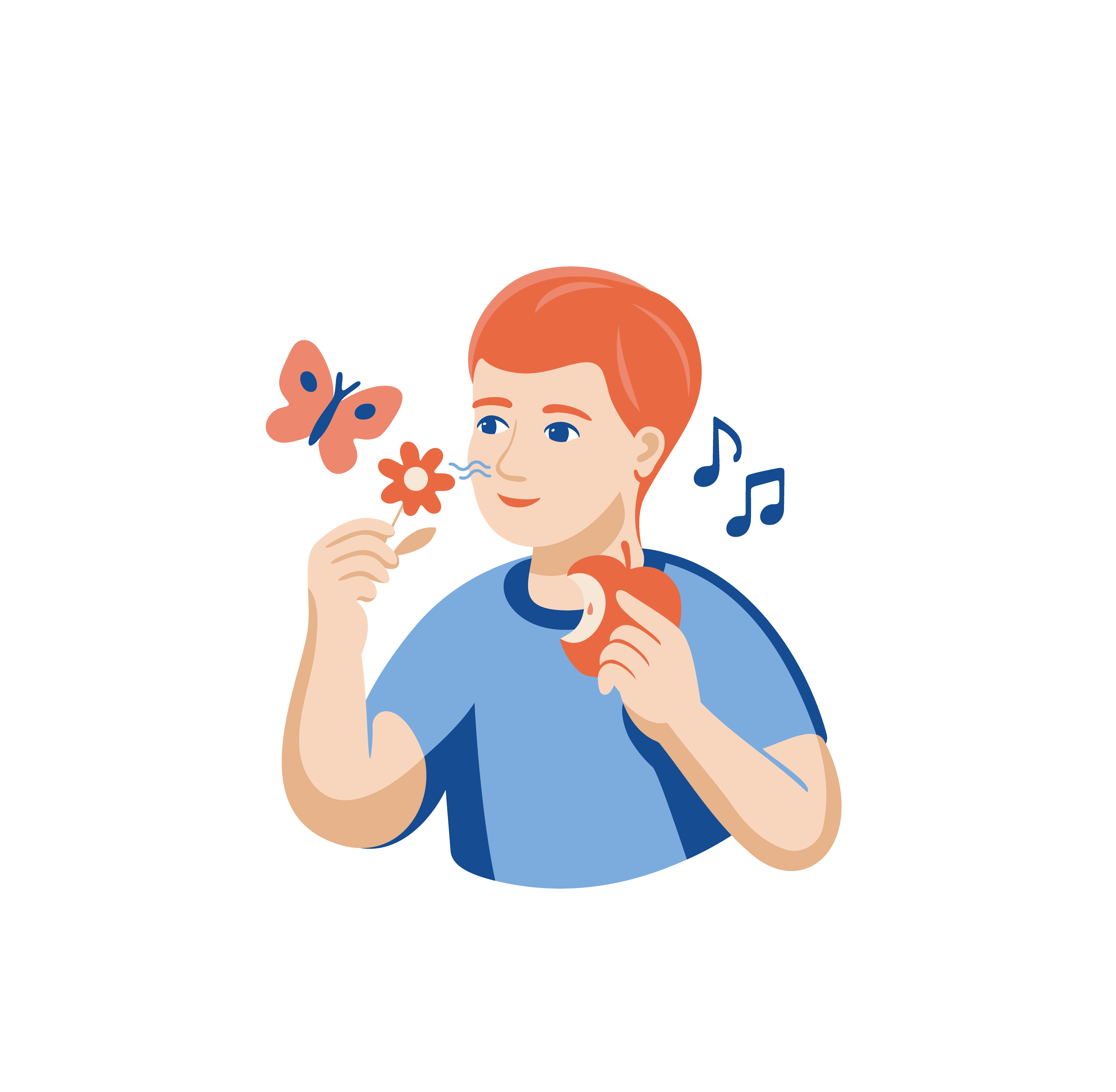 Tegnet bilde av en person som holder et eple og lukter på en blomst. Det er notetegn og en sommerfugl også i bildet.