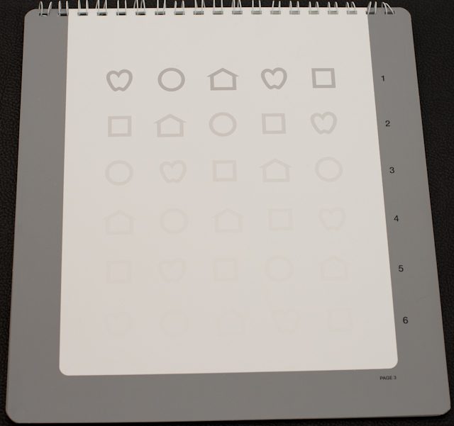 Hvit tavle med svarte symboler som blir mer og mer uklare jo lenger ned man kommer på tavlen.