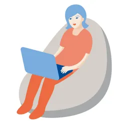 Illustrasjon dame i saccosekk med laptop på fanget