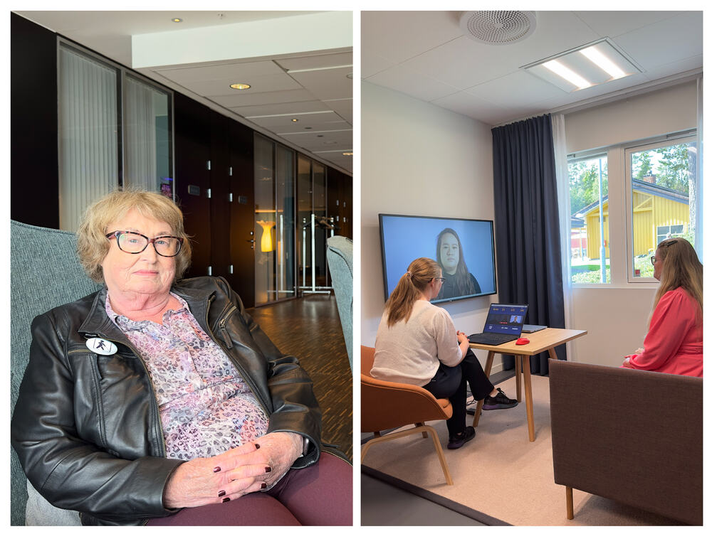 To bilder: Kvinne som sitter i en stol og to kvinner som ser på tv