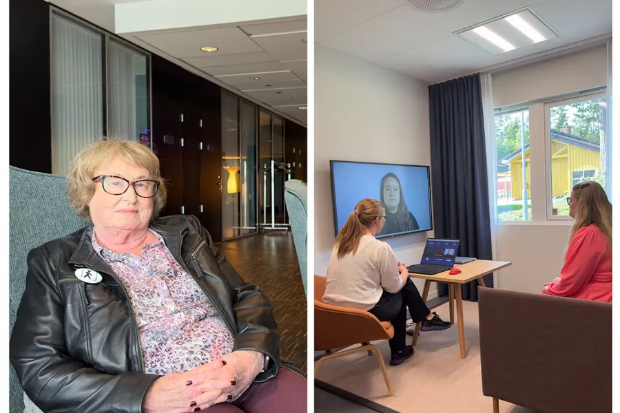 To bilder: Kvinne som sitter i en stol og to kvinner som ser på tv