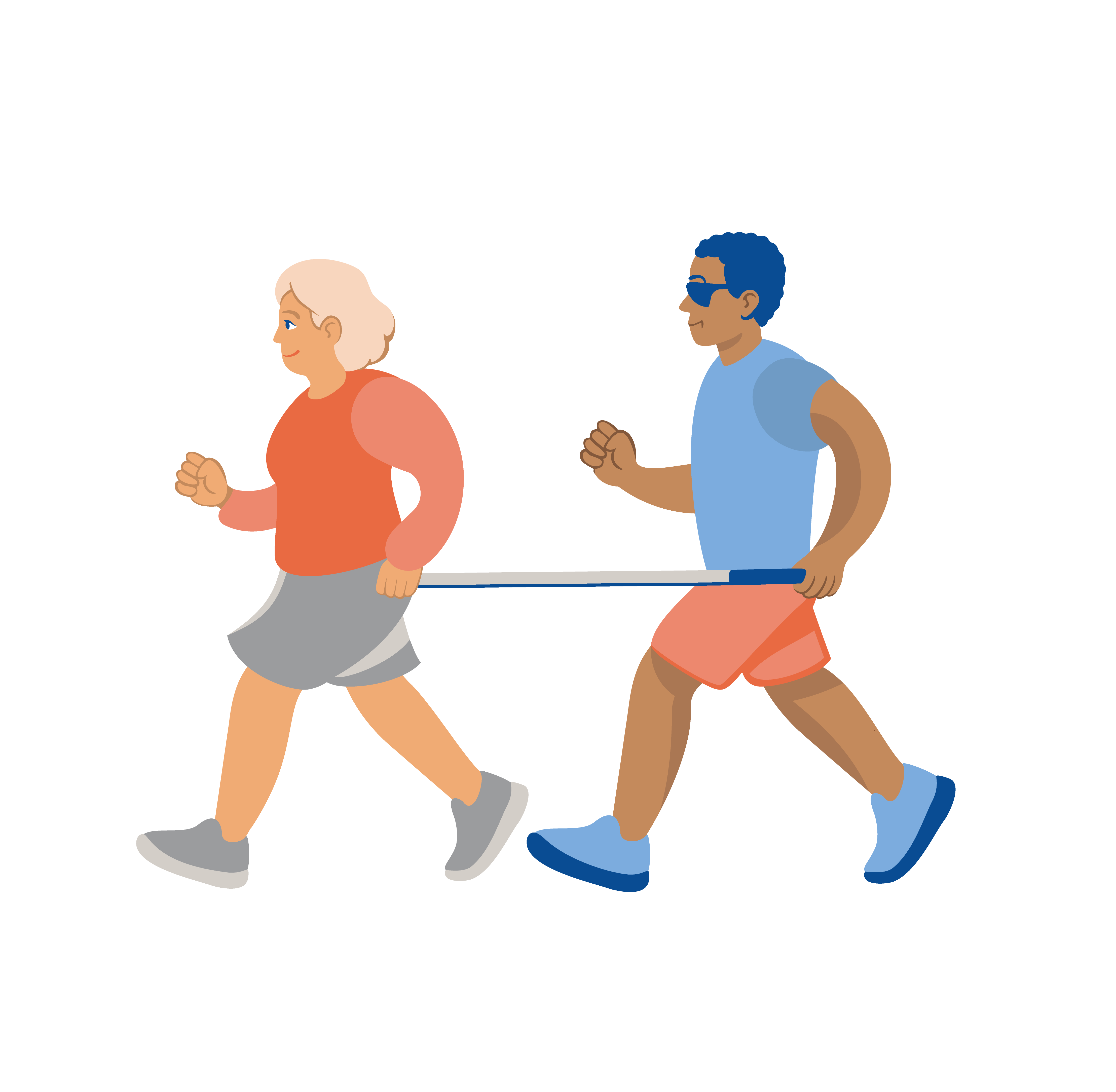 Tegnet bilde av en kvinne løpende foran en mann, begge holder i en stokk mellom dem.